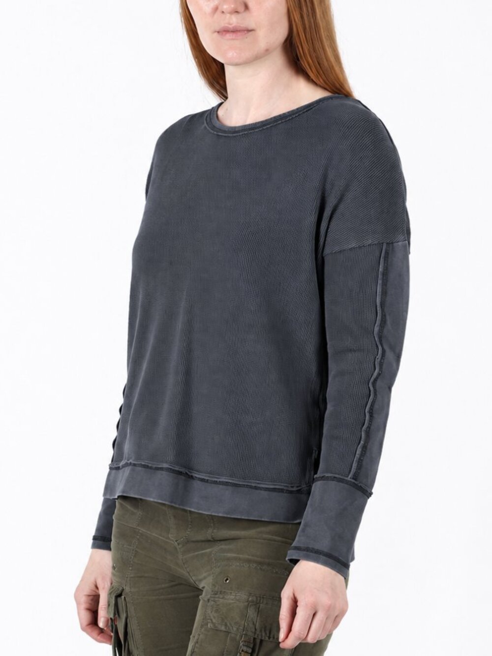 ESCAPE BY HABITAT Waffle Knit Top Raw Hem Long Sleeve Dark Grey Women's Large